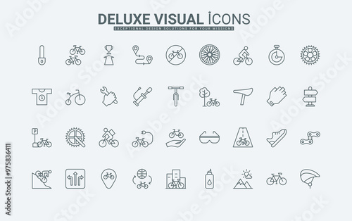 Mountain bicycle, parts for repair, public sharing thin black outline symbols vector illustration. Equipment and accessories of cyclist, bike racing, eco transportation line icons set.