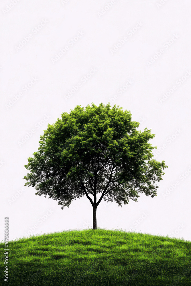 A tree is standing on a hill with a grassy field in the background. The tree is the main focus of the image, and it is a beautiful and peaceful scene A tree is standing on a hill with a grassy field in the background. The tree is the main focus of the image, and it is a beautiful and peaceful scene