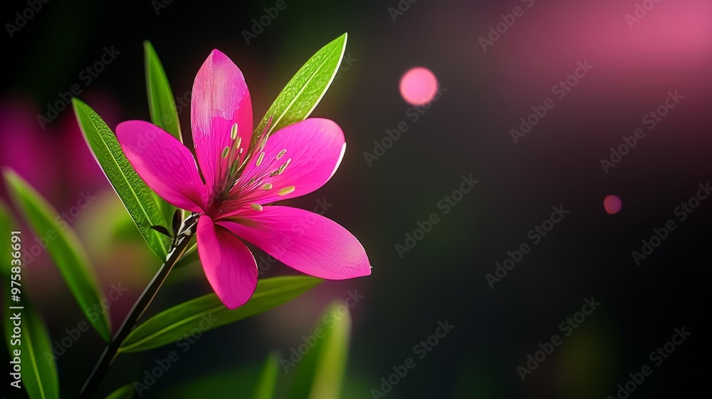 Fototapeta premium A pink flower with green leaves against a black backdrop, blurred bokeh of light in the background