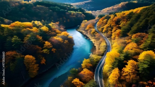 Aerial view of winding river through golden autumn forest during midday AI generative.