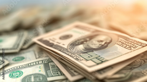 Stacks of cash, close-up of hundred-dollar bills arranged haphazardly, symbolizing wealth, abundance and financial transactions, warm light enhancing the scene.