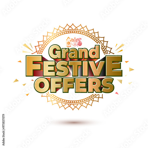 Navratri, Dhanteras and Diwali festival Grand Festive offers, sale, shopping logo concept. Golden, luxury, premium vintage, ornament retro floral background.