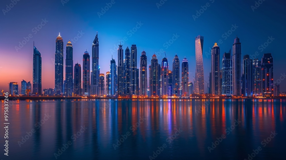 Fototapeta premium Stunning Dubai Skyline at Night with Bright Lights and Reflection on Water