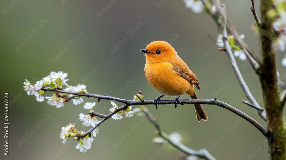 Obraz premium A small yellow bird sits on a tree branch, surrounded by white flowers in the foreground Background softly blurred