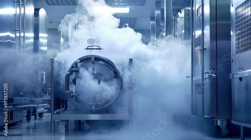 A cuttingedge laboratory environment that highlights advanced machinery with prominent steam and smoke effects present photo