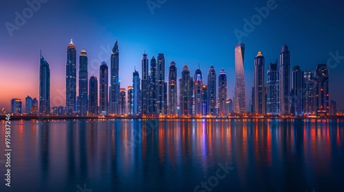 Stunning Dubai Skyline at Night with Bright Lights and Reflection on Water