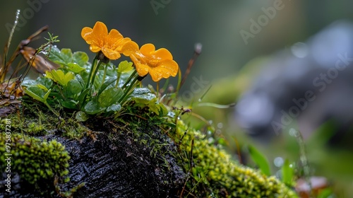  Small yellow flowers atop moss-covered rock, moss extending overhead