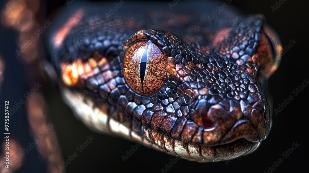 Fototapeta premium A tight shot of a snake's head against a softly blurred backdrop, its eye likewise slightly out of focus