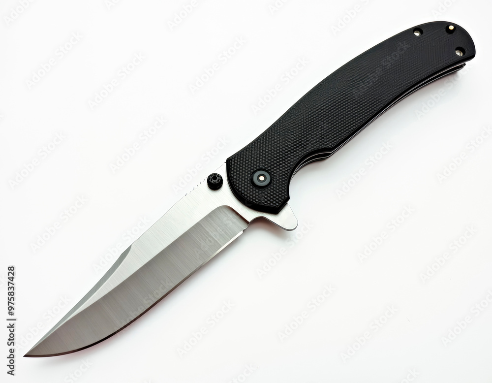 A folding knife with a sleek, silver blade and a black, textured handle.