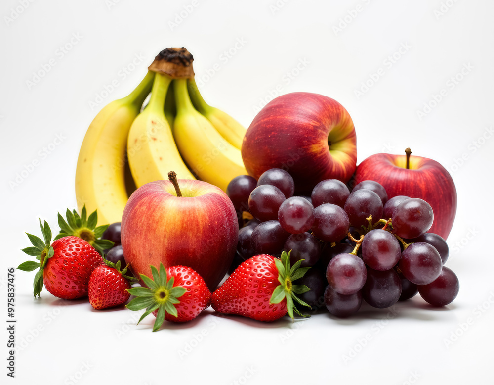 Assortment of fresh fruits, including bananas, apples, peaches, and grapes. Assortment of fresh fruits, including bananas, apples, peaches, and grapes.