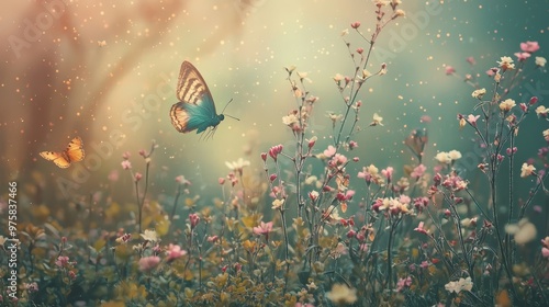 Wallpaper Mural  A couple of butterflies fly over a lush green field adorned with pink and white flowers Torontodigital.ca