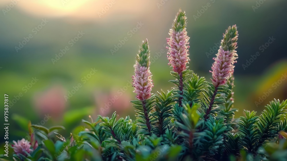 A tight shot of a plant bearing pink blooms in the foreground, while the background softly blurs A tight shot of a plant bearing pink blooms in the foreground, while the background softly blurs