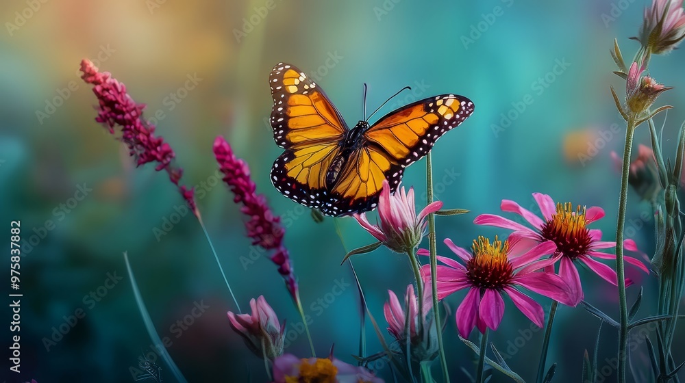 A butterfly atop a pink flower Nearby, a purple and yellow bloom against a backdrop of green and blue A butterfly atop a pink flower Nearby, a purple and yellow bloom against a backdrop of green and blue