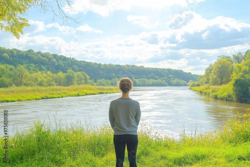 A person standing by a calm river, focusing on their breath and the gentle flow of water, practicing mindfulness of the present moment