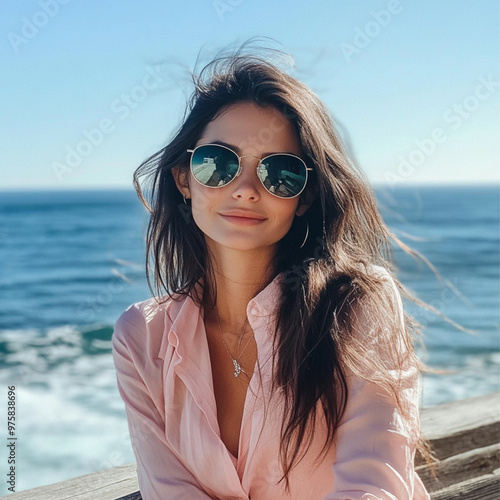 A brunette with sunglasses on is sitting on a bench near the Pacific Ocean. She is wearing pink blouse and it appears to be a colder day. 