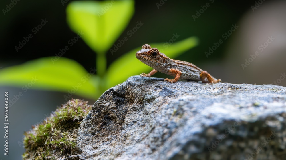 A small lizard atop a rock beside a green, leafy plant A small lizard atop a rock beside a green, leafy plant