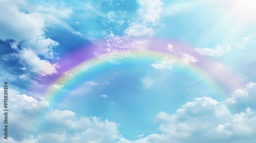 A tranquil sky with soft pastel tones of blue and A multi-colored rainbow stretches across the scene, its vibrant hues creating a serene and surreal atmosphere A tranquil sky with soft pastel tones of blue and A multi-colored rainbow stretches across the scene, its vibrant hues creating a serene and surreal atmosphere