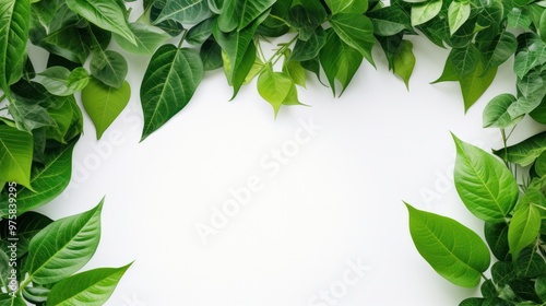 A dark, elegant background featuring green leaves that outline the borders of the frame, leaving a crisp white space in the middle.