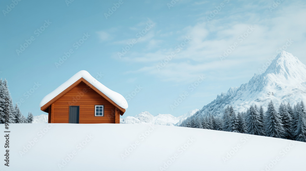 Snow-covered cabin, nestled in a serene winter landscape, flanked by majestic mountains and evergreen trees under a clear blue sky, evokes tranquility and isolation. Snow-covered cabin, nestled in a serene winter landscape, flanked by majestic mountains and evergreen trees under a clear blue sky, evokes tranquility and isolation.