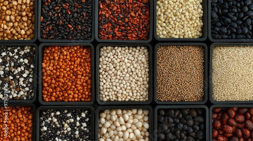 A variety of different colored beans and nuts are displayed in a black container