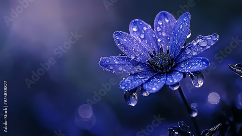  A macro shot of a blue bloom, adorned with pearls of water on its petals, against a soft, out-of-focus backdrop