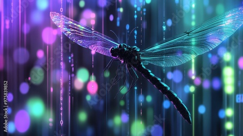 A Vibrant Dragonfly Illuminated by Neon Lights and Binary Code in a Minimalist Digital Landscape photo