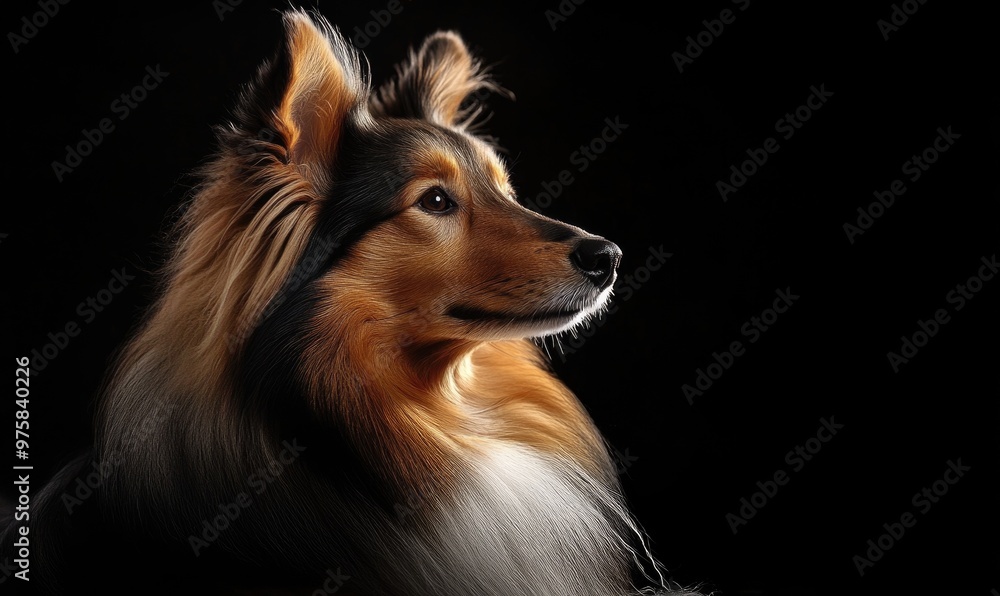 A Sheltie sitting calmly in a studio with a black background A Sheltie sitting calmly in a studio with a black background