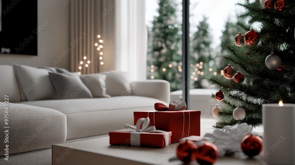 A cozy living room with a decorated Christmas tree, gifts wrapped in red and white, and holiday lights, creating a festive atmosphere. A cozy living room with a decorated Christmas tree, gifts wrapped in red and white, and holiday lights, creating a festive atmosphere.