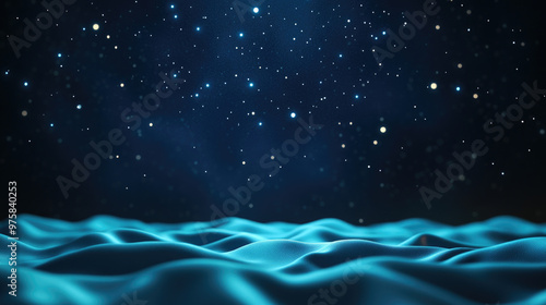 Ethereal Ocean Under Starglow, a serene expanse of gentle waves shimmering in a deep blue hue beneath a vast night sky twinkling with distant stars and cosmic mystery photo