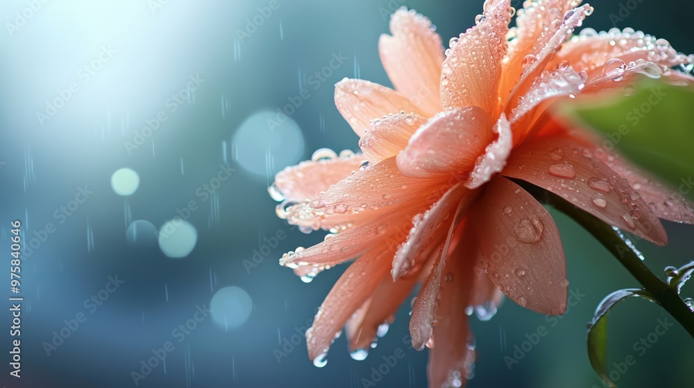 Fototapeta premium Close-up of a pink flower with dewdrops and a nearby green leaf