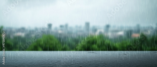Fototapeta Naklejka Na Ścianę i Meble -  Rain falls gently on a wet surface, obscured city skyline blurred in the background, lush greenery contrasts with the gray atmosphere, evoking a tranquil, reflective mood.