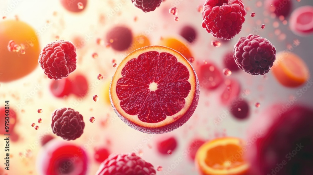 A close up of a red grapefruit with a few other fruits in the background A close up of a red grapefruit with a few other fruits in the background