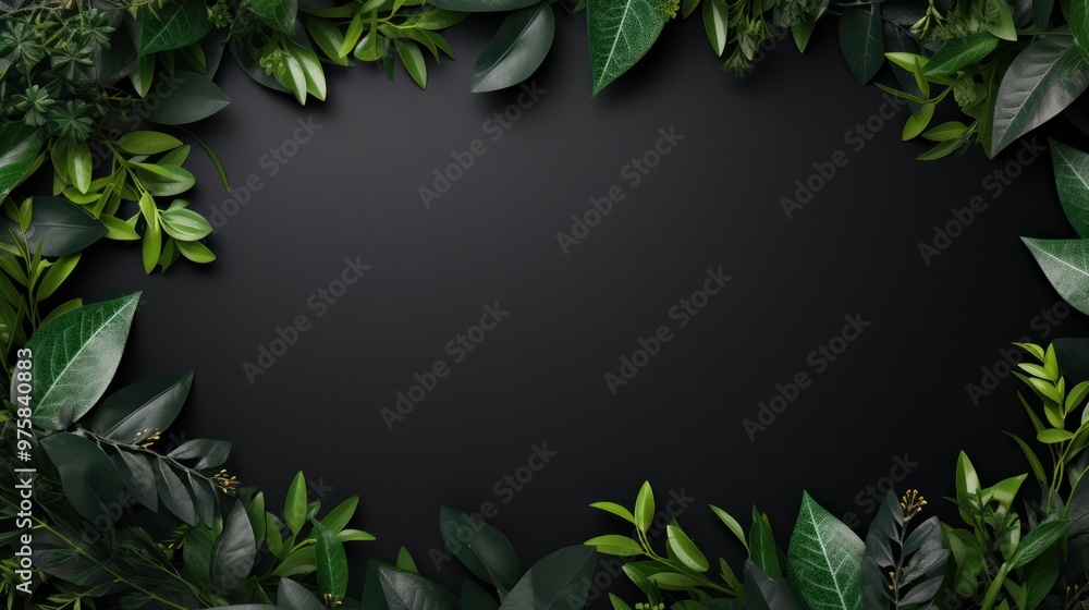 Fototapeta premium A dark, elegant background featuring green leaves that outline the borders of the frame, leaving a crisp white space in the middle.