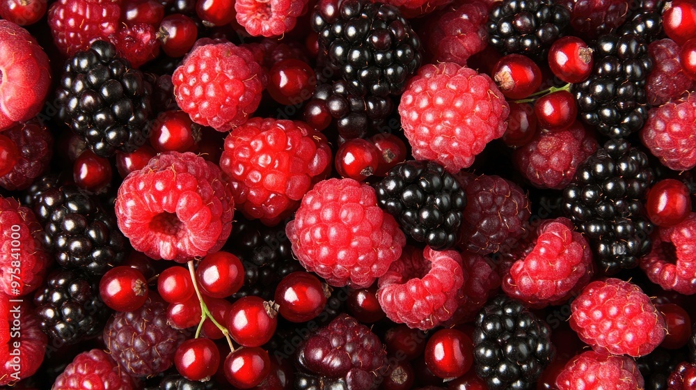 A close up of a bunch of red and black berries A close up of a bunch of red and black berries