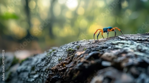  A few small blue and orange insects on a tree trunk, bathed in sunlight filtering through the forest canopy