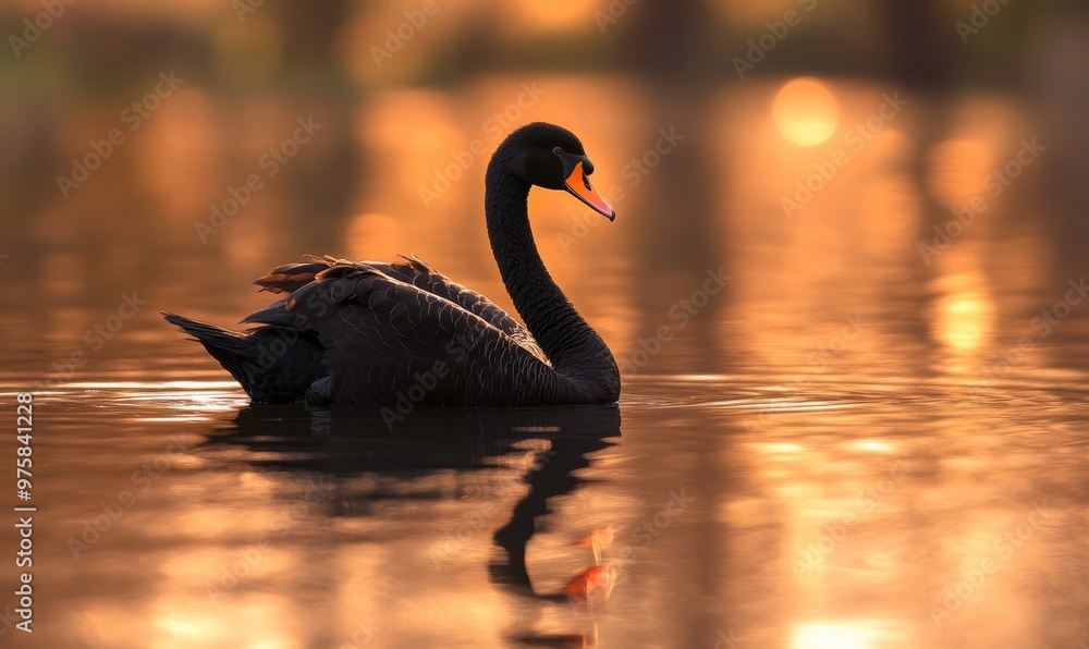Fototapeta premium Black swan drifting on a still pond, soft ripples and reflections shimmering in the water