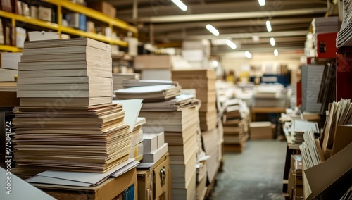 Stacks of paper in a warehouse setting.