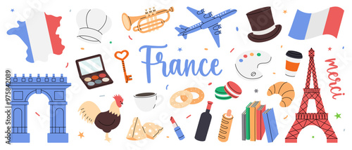 France set. Travel to France illustration. Hand drawn elements for vacation card or print postcard. French national travel symbols.