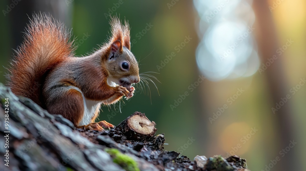 A tight shot of a squirrel nibbling on food up high on a tree branch, surrounded by hazy forest trees A tight shot of a squirrel nibbling on food up high on a tree branch, surrounded by hazy forest trees