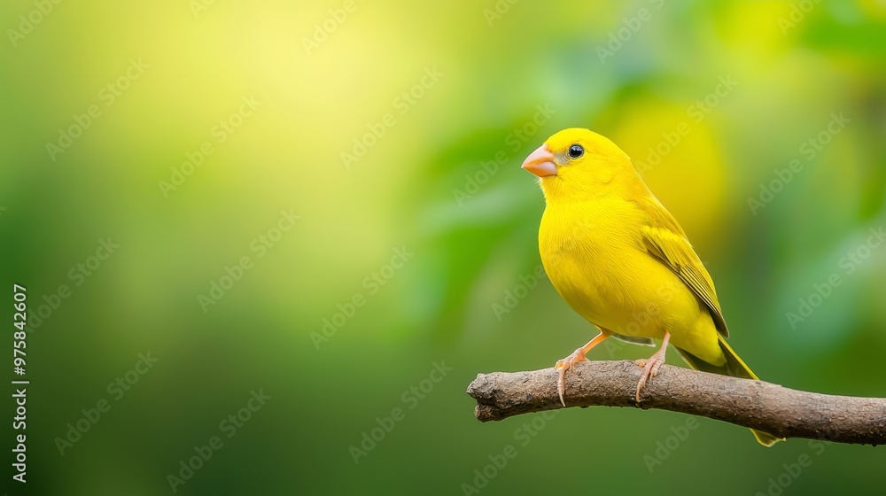 A yellow bird on a branch against a green, leafy backdrop Foreground features a soft, blurred tree branch A yellow bird on a branch against a green, leafy backdrop Foreground features a soft, blurred tree branch