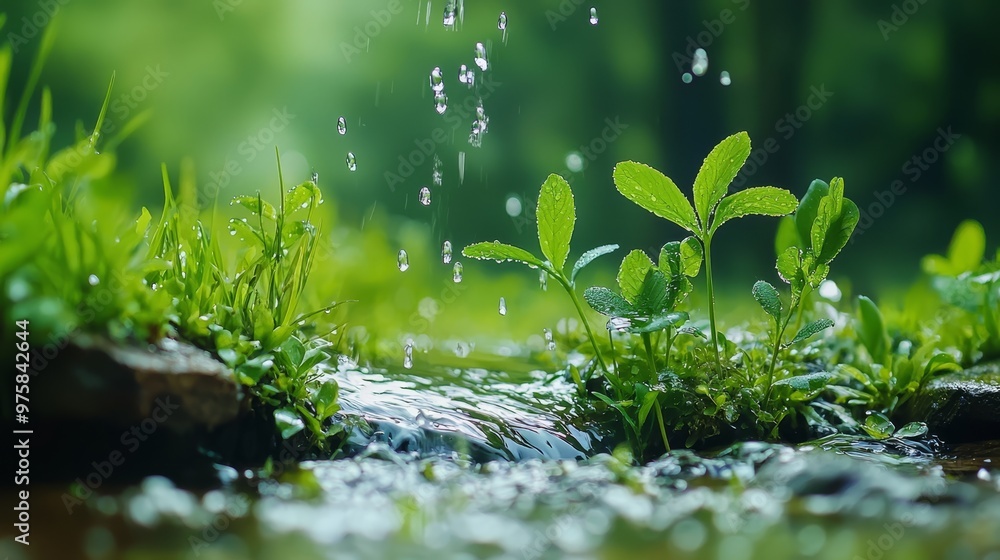 A tiny plant emerges from the ground, surrounded by a flow of water The foreground comprises grass and rocks A tiny plant emerges from the ground, surrounded by a flow of water The foreground comprises grass and rocks
