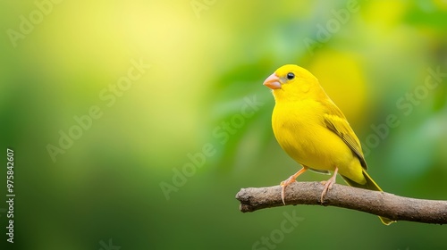  A yellow bird on a branch against a green, leafy backdrop Foreground features a soft, blurred tree branch