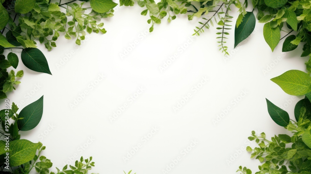 Fototapeta premium An array of lush spring leaves with a soft blue area in the middle, creating a calming backdrop perfect for inspirational text