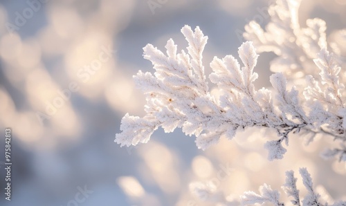 Close-up snow-covered spruce needles, crisp winter morning