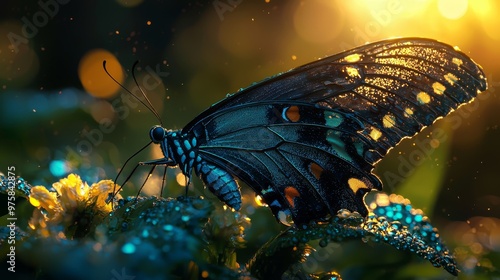  A tight shot of a butterfly perched on a leaf, its wings speckled with water droplets; backdrop softly blurred