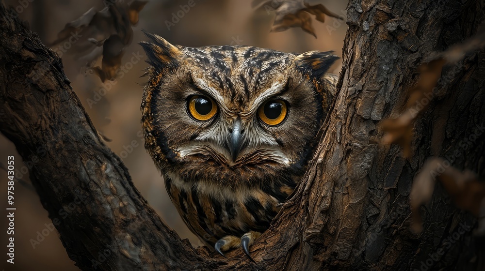 A tight shot of an owl perched on a tree branch, surrounded by foliage, and a softly blurred sky behind A tight shot of an owl perched on a tree branch, surrounded by foliage, and a softly blurred sky behind