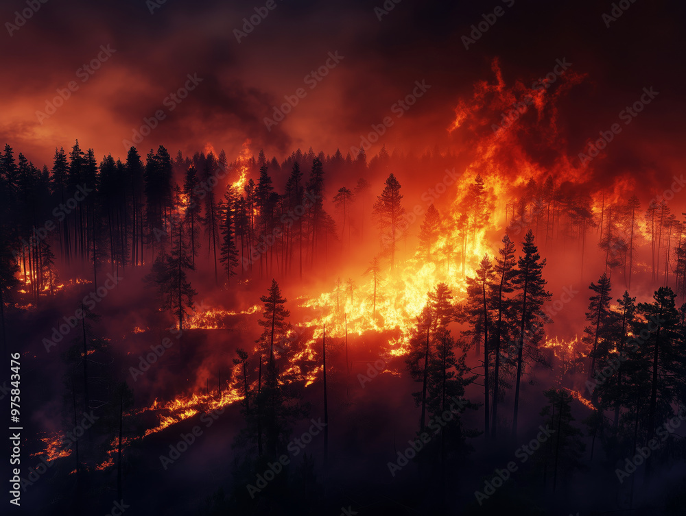 A dense forest engulfed in flames. The fire consumes trees, reaching high into the sky, and thick smoke fills the air. A dense forest engulfed in flames. The fire consumes trees, reaching high into the sky, and thick smoke fills the air.