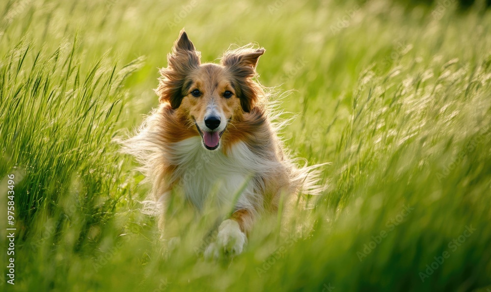 Collie running through a meadow, vibrant green grass Collie running through a meadow, vibrant green grass