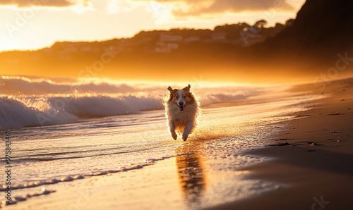 Collie running along a beach at sunset, waves crashing