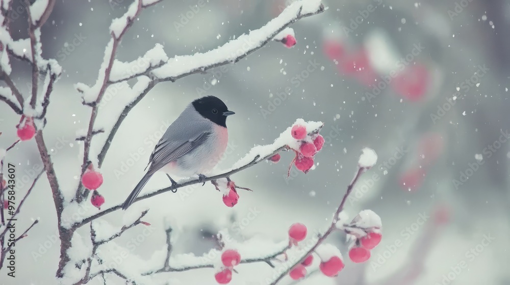 A small bird perched on a tree branch, adorned with red berries, against a backdrop of gently falling snow A small bird perched on a tree branch, adorned with red berries, against a backdrop of gently falling snow
